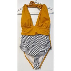 Cupshe • NWT Textured and Striped Halter Tummy Control One Piece Swimsuit